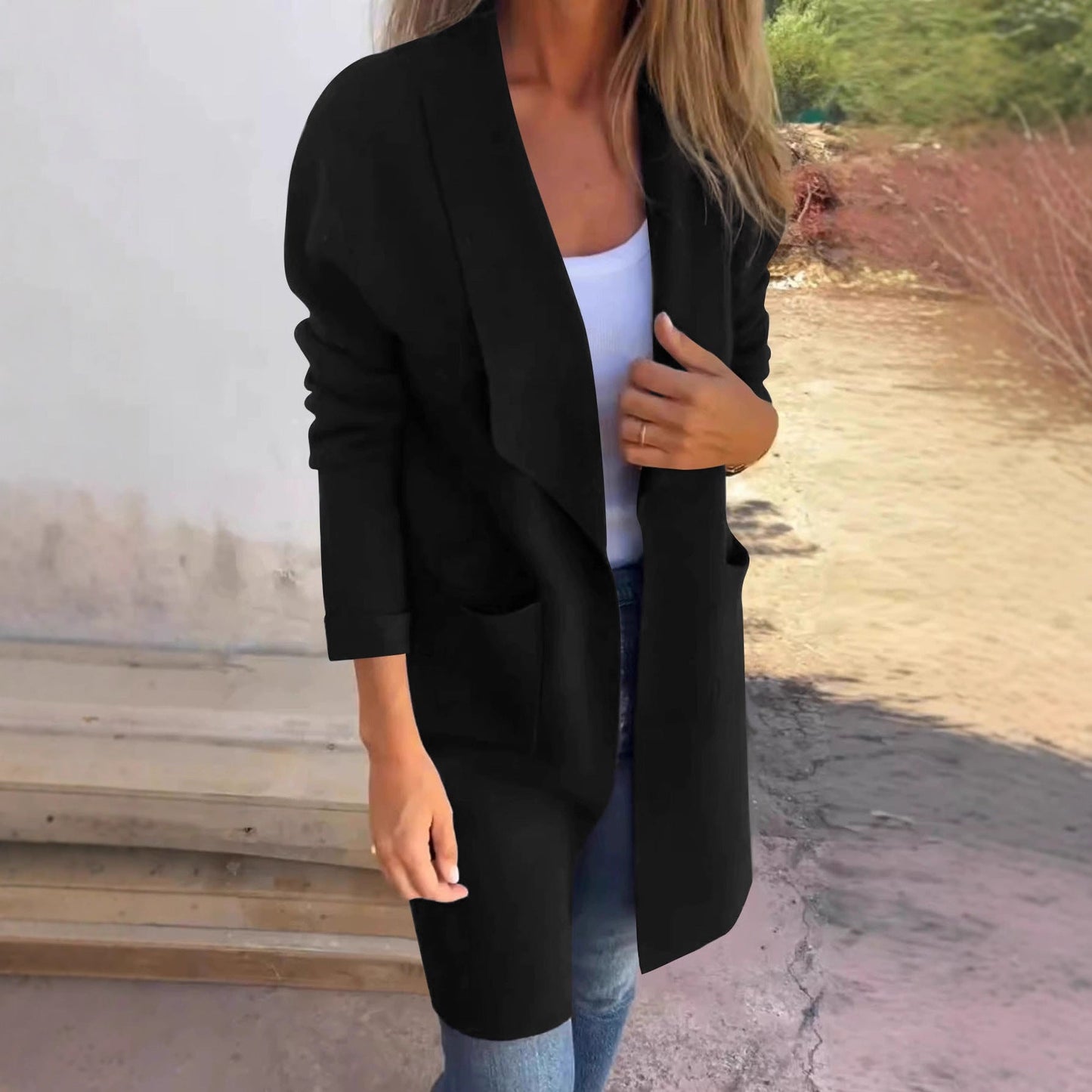 Women's elegant transitional jacket with practical lapel collar and deep pockets NOVAE