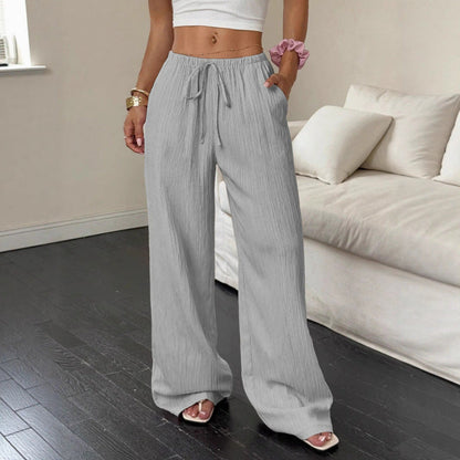 Women's casual and wide-legged leisure trousers with elasticated waistband and tie belt NOVAE