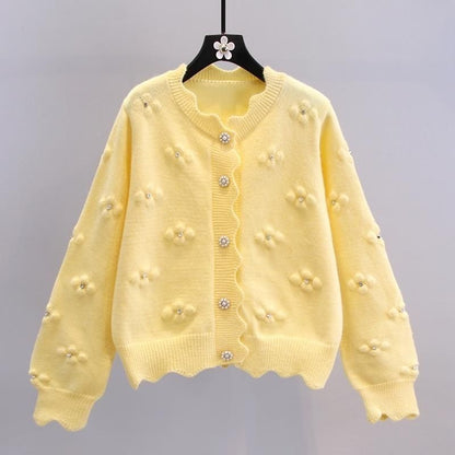 Women's playful knit cardigan with decorative pearl buttons and floral design NOVAE