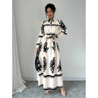 Women's long-sleeved maxi dress with elegant button design and adjustable waist belt NOVAE