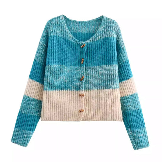 Women's cardigan with elastic rib design and wooden buttons NOVAE