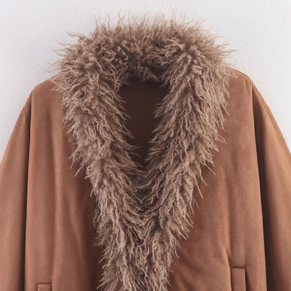 Women's cozy suede jacket with fur collar NOVAE