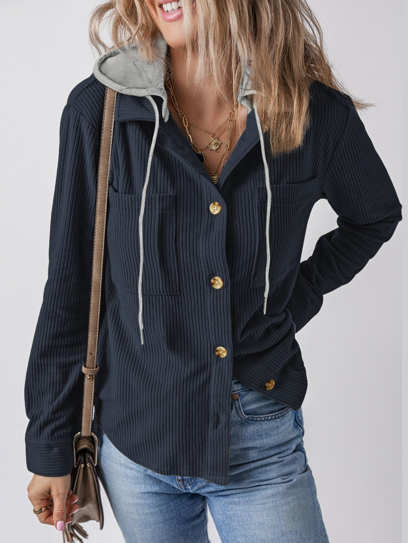 Women's Casual Long Jacket with Hood and Button Details NOVAE