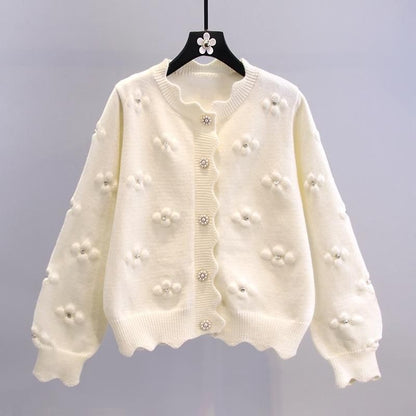 Women's playful knit cardigan with decorative pearl buttons and floral design NOVAE