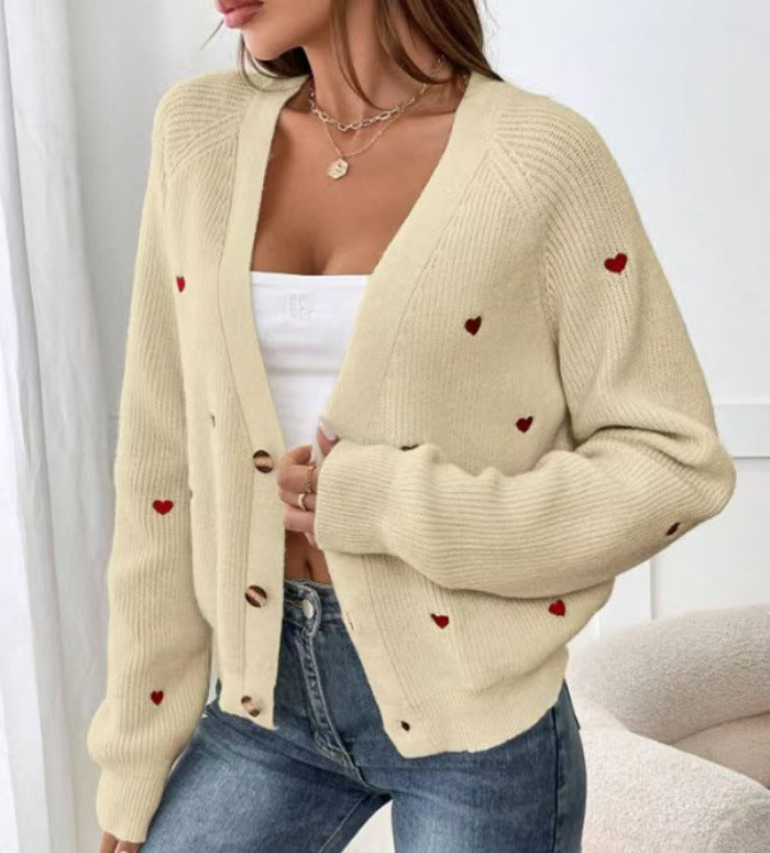 Women's casual cardigan with heart appliqués and deep V-neck NOVAE
