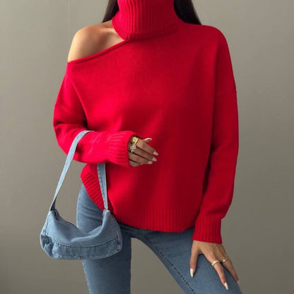 Women's fashionable roll-neck sweater with off-the-shoulder design and elegant ribbed details NOVAE