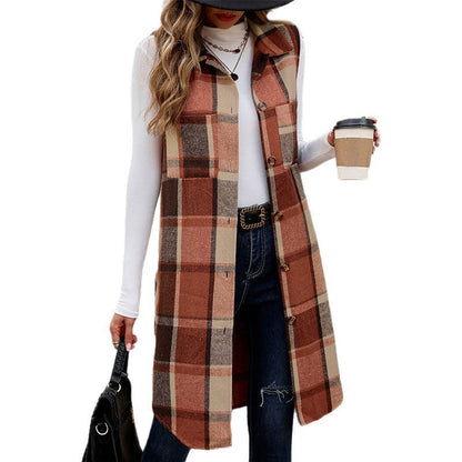 Women's long-sleeved vest with check pattern and practical pockets NOVAE