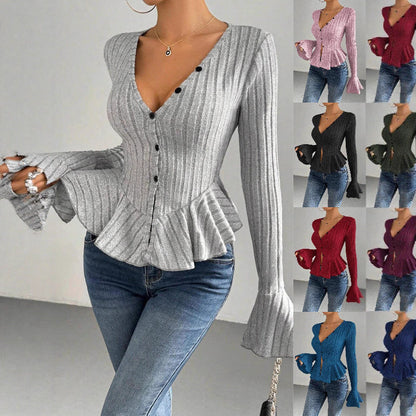 Women's knitted top with sophisticated box pleat design and button placket NOVAE