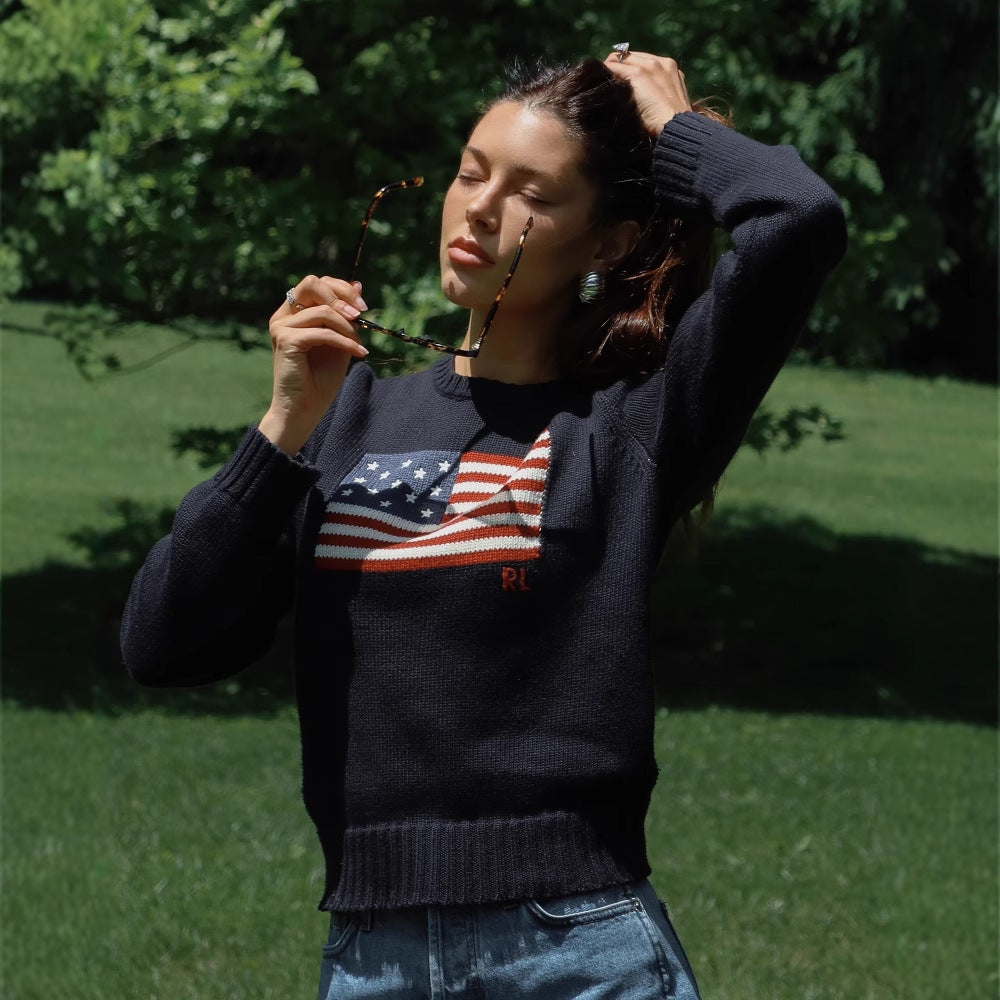 Women's fashionable sweater with USA flag appliqué NOVAE