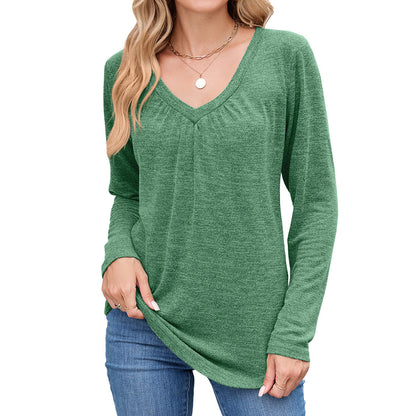 Women's casual long-sleeved shirt with V-neck and pleat detail NOVAE