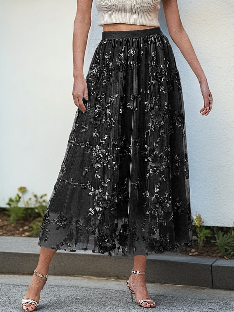 Women's Elegant Tulle Skirt with Floral Embroidery and Elastic Waistband NOVAE