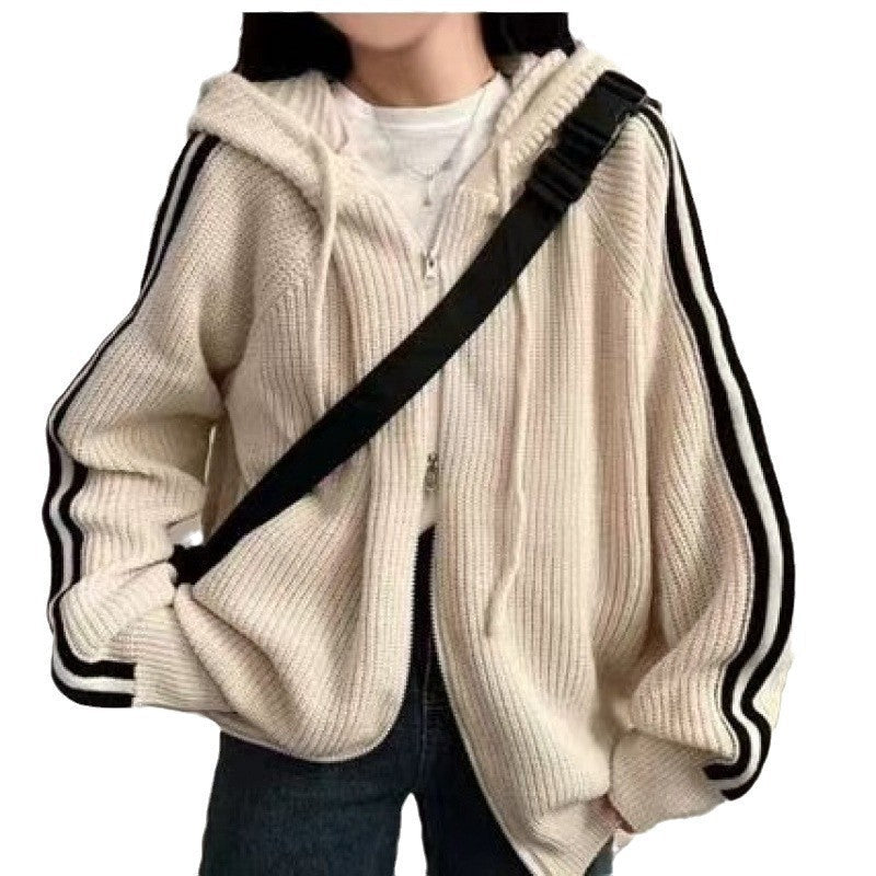 Women's casual knit hoodie with deep V-neck and side stripes NOVAE
