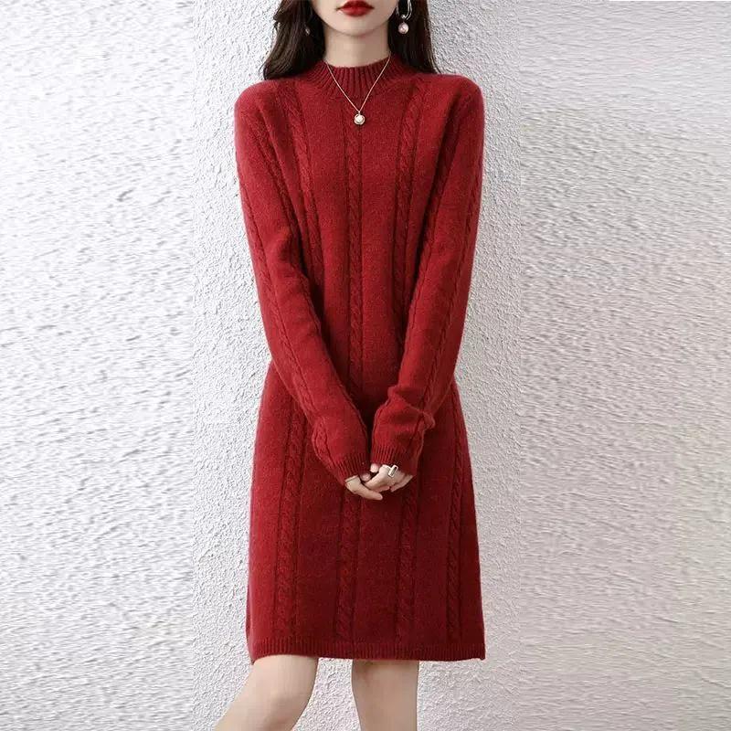 Women's knit dress with elegant cable design and high collar NOVAE