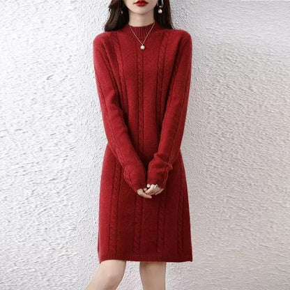 Women's knit dress with elegant cable design and high collar NOVAE