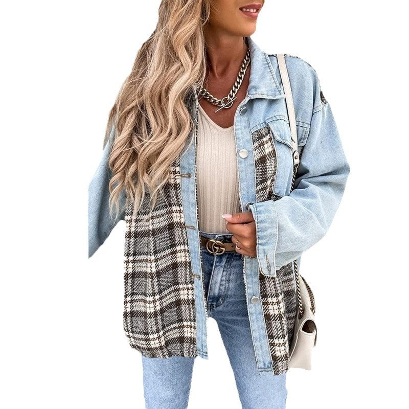 Women's checked denim jacket with a casual cut and modern details NOVAE