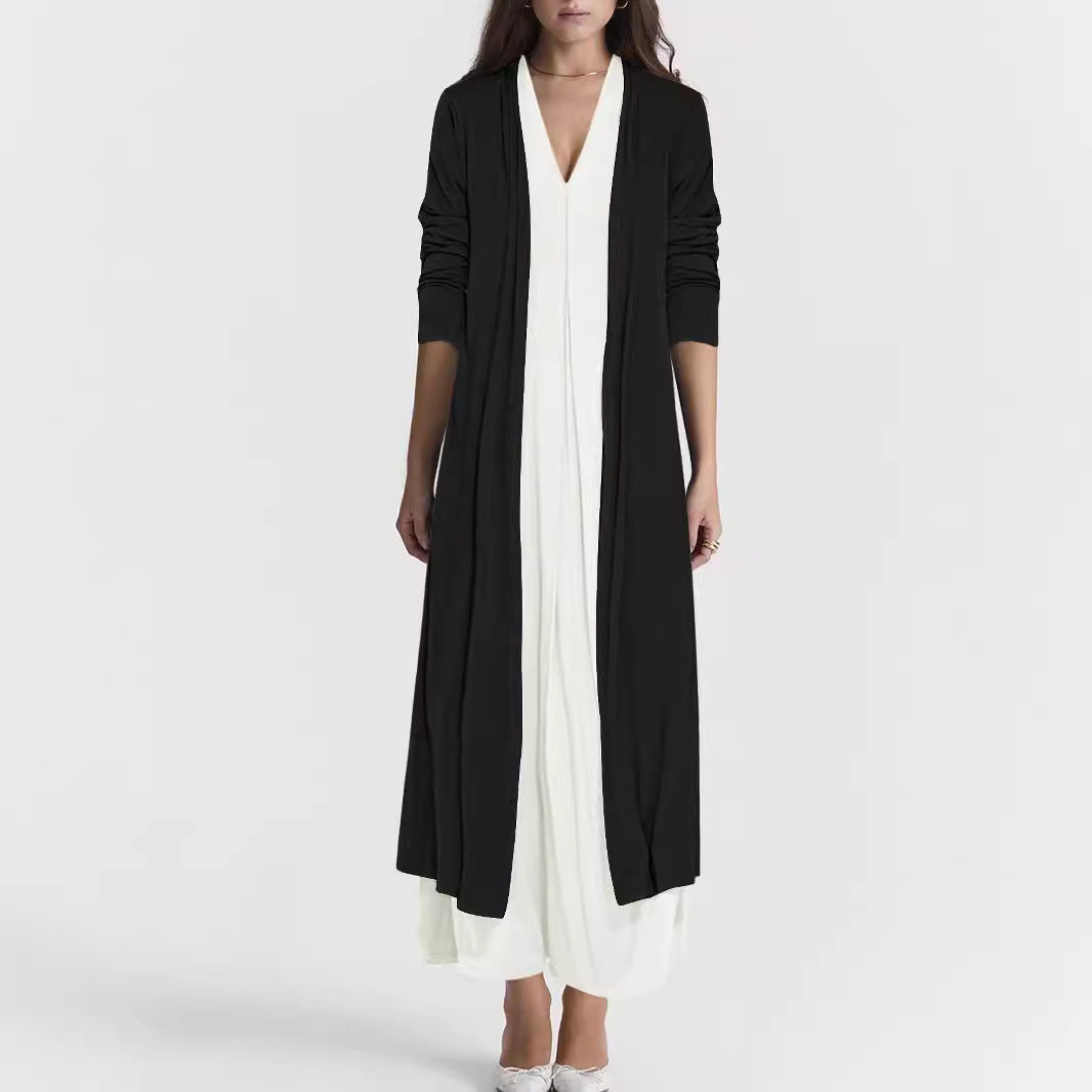 Women's elegant long jacket with deep V-neck and flowing cut NOVAE