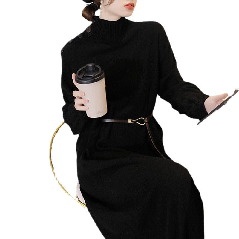 Women's Elegant Knit Maxi Dress with High Neck and Decorative Buttons NOVAE