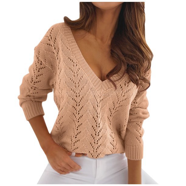 Women's knitted sweater with crochet pattern and V-neck NOVAE