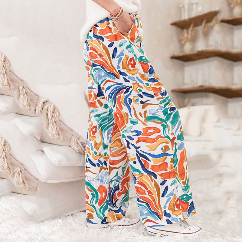 Women's wide-leg palazzo pants with colorful pattern and elastic waistband NOVAE