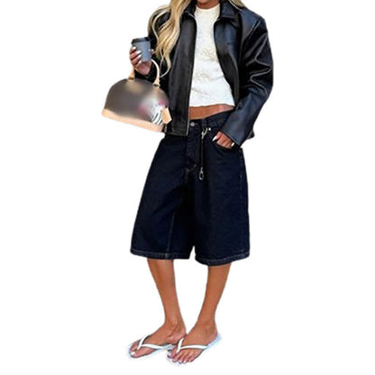 Women's fashionable faux leather jacket with elastic cut and practical pockets NOVAE