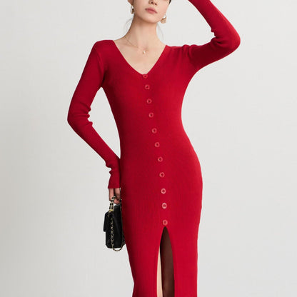 Women's Long-Sleeved Maxi Dress with Ribbed Texture and Button Detail NOVAE