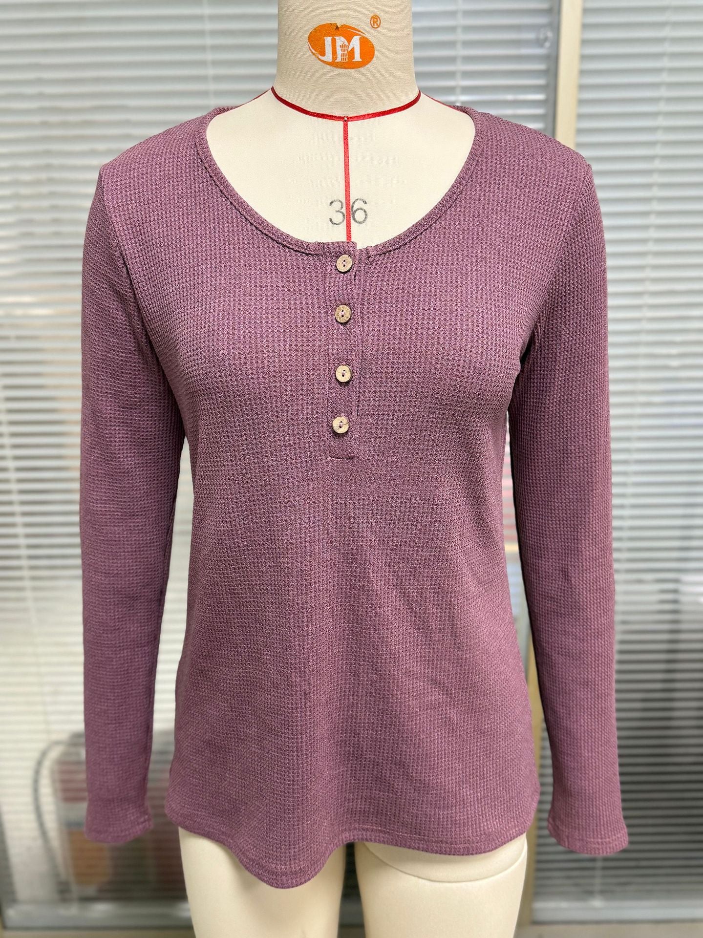 Women's waffle knit long-sleeved shirt with button placket NOVAE