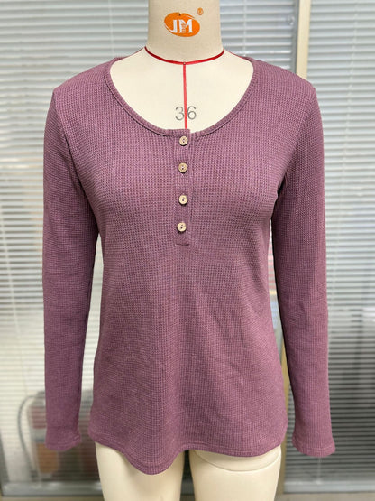 Women's waffle knit long-sleeved shirt with button placket NOVAE