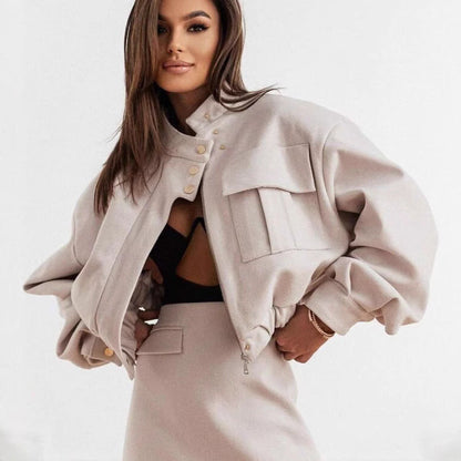 Women's casual transitional jacket with voluminous sleeves and decorative button details NOVAE