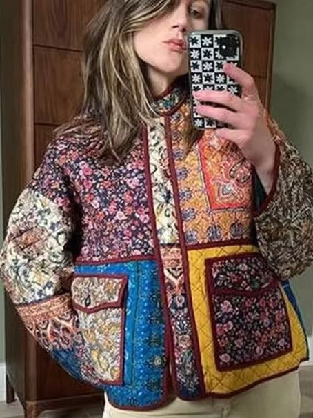 Women's quilted patchwork jacket with floral design and practical pockets NOVAE