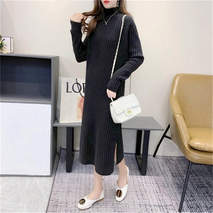 Women's knitted maxi dress with high collar and fine rib texture NOVAE