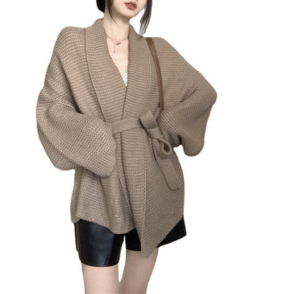 Women's casual knit blazer with belt and voluminous sleeves NOVAE