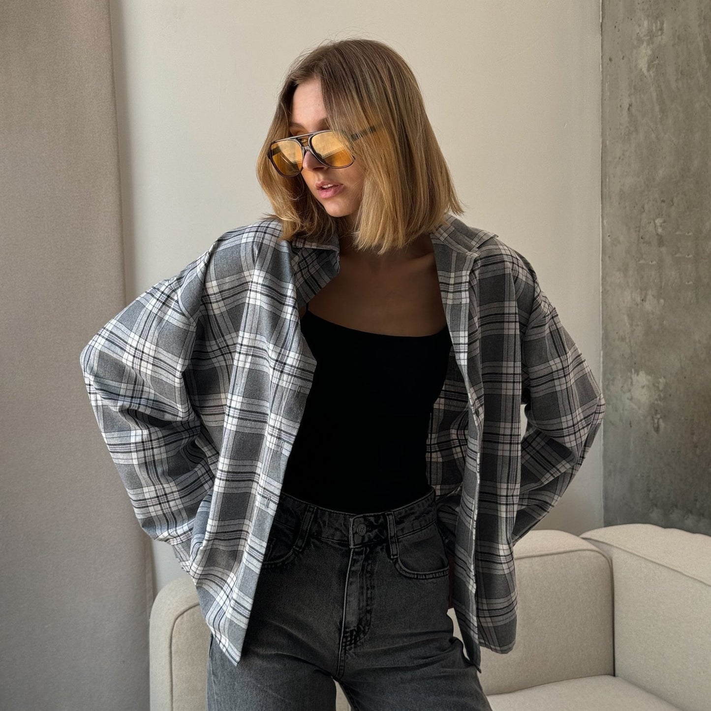 Women's casual plaid blouse with oversized cut and modern details NOVAE