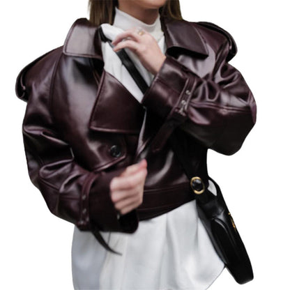 Women's trendy faux leather jacket with broad shoulders and classic collar NOVAE