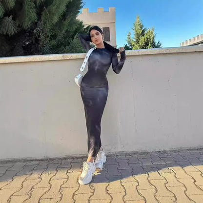 Women's figure-hugging maxi dress with long sleeves and a modern batik pattern NOVAE