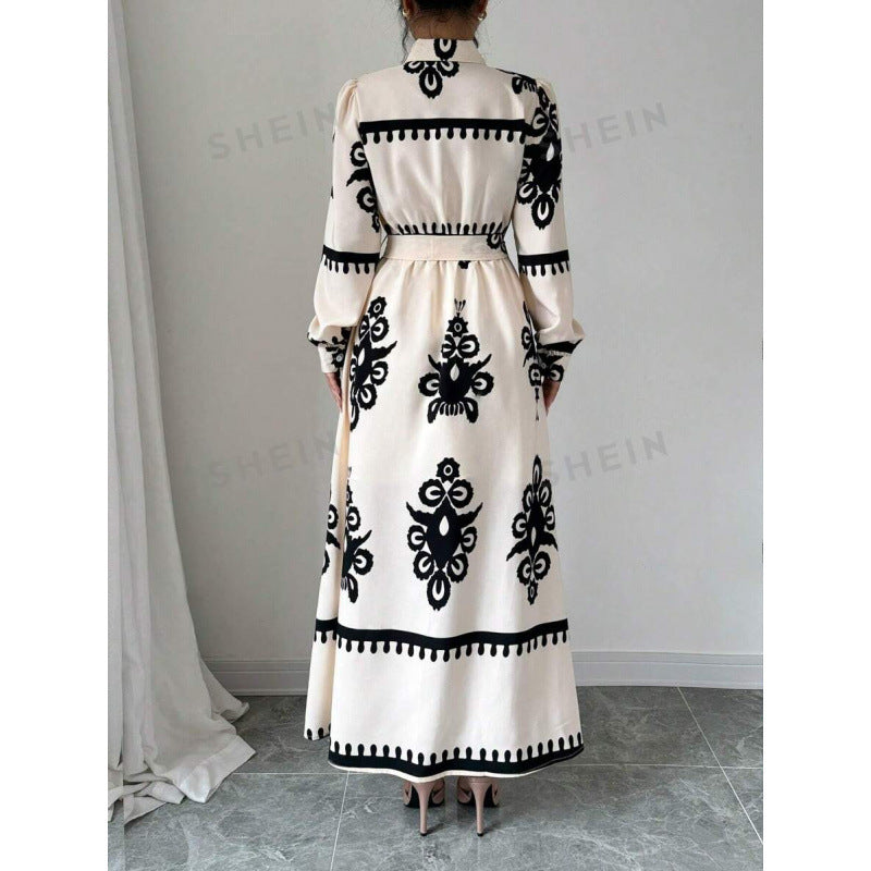 Women's long-sleeved maxi dress with elegant button design and adjustable waist belt NOVAE