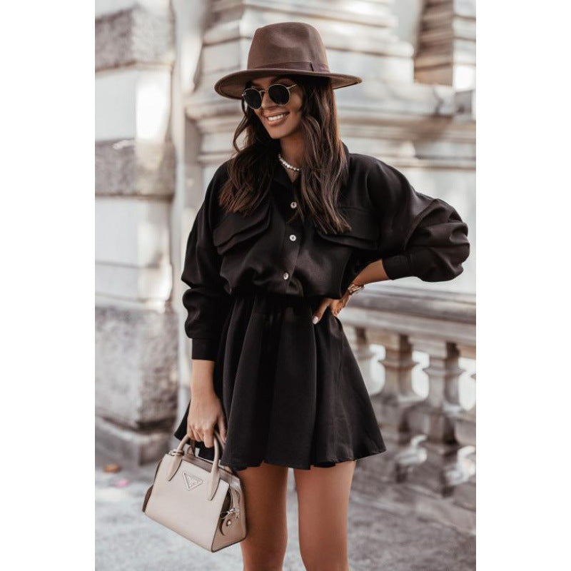 Women's shirt dress with elegant tie belt and practical pockets NOVAE