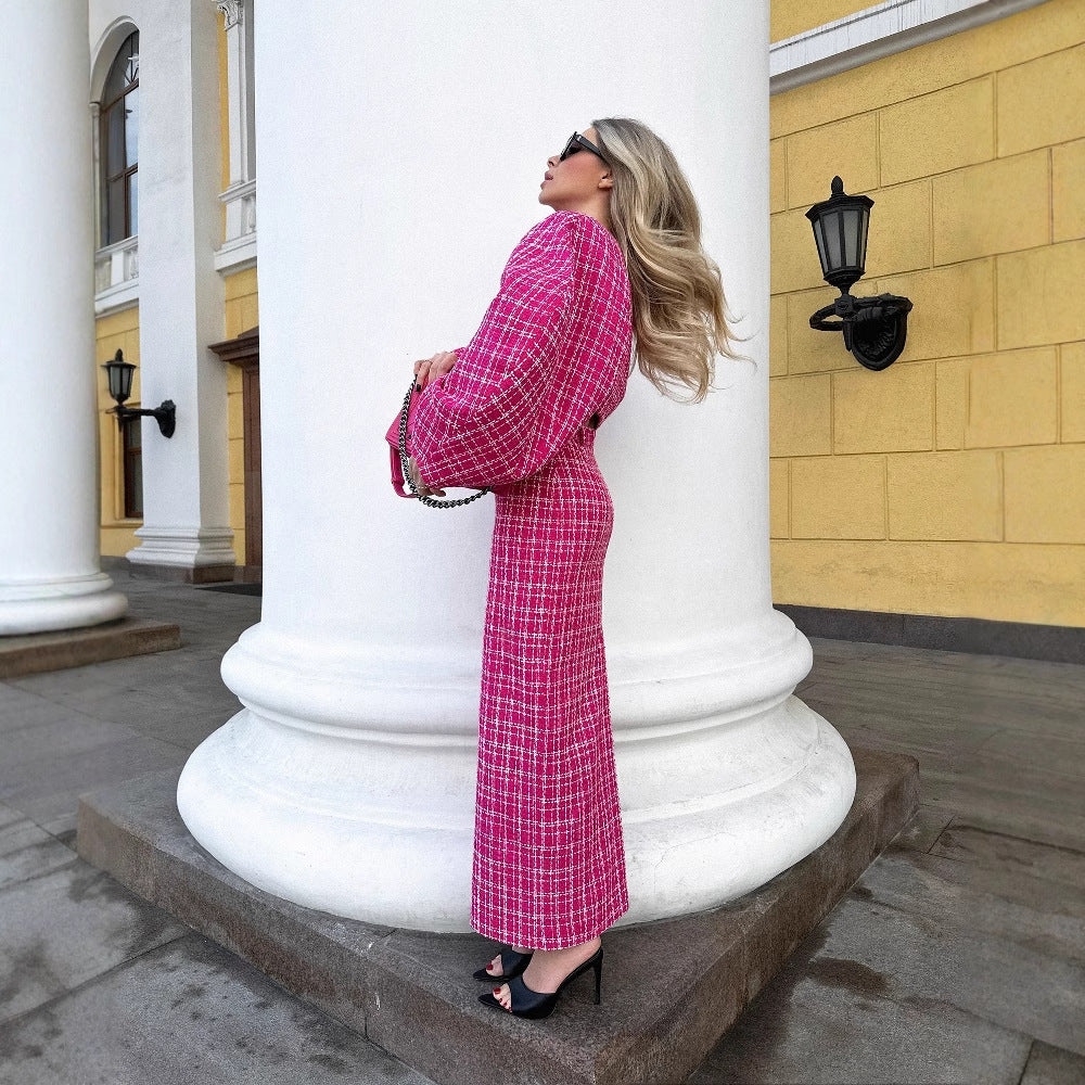 Women's maxi dress with innovative check design and flounce sleeves NOVAE