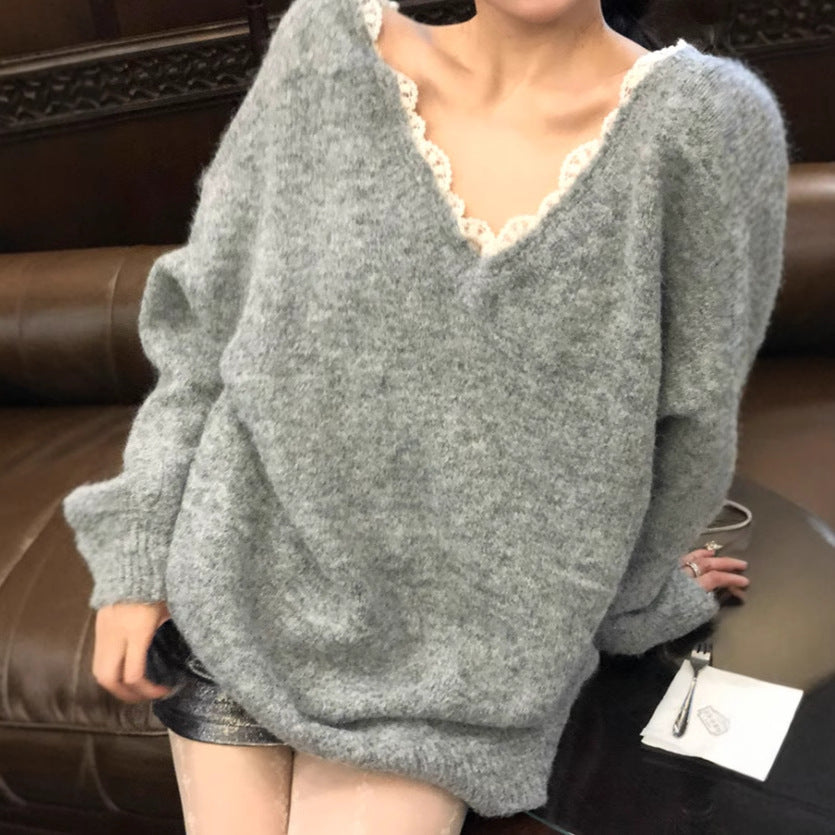 Women's Oversized Knit Sweater with V-Neck and Delicate Lace Trim NOVAE
