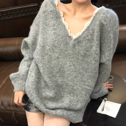 Women's Oversized Knit Sweater with V-Neck and Delicate Lace Trim NOVAE