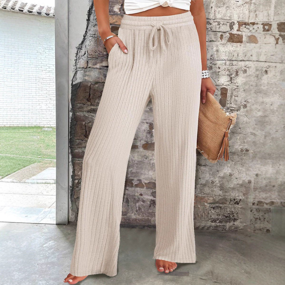 Women's wide-leg ribbed knit trousers with elasticated waistband NOVAE