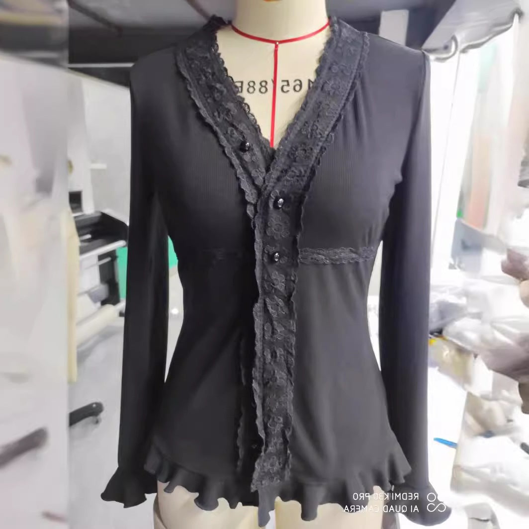 Women's knitted top with romantic lace trim and ruffle details NOVAE