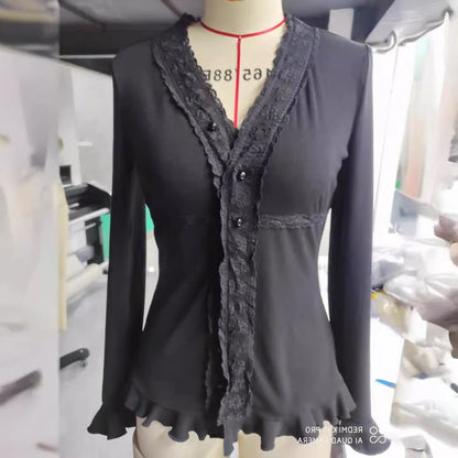 Women's knitted top with romantic lace trim and ruffle details NOVAE