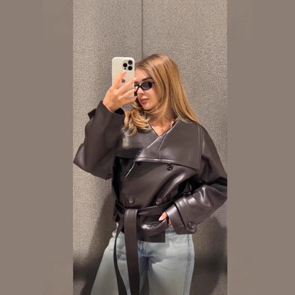 Women's trendy leather jacket with chic throw design NOVAE