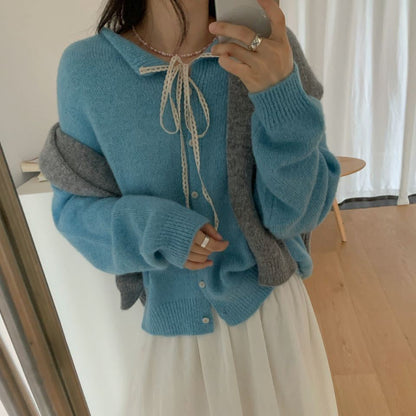 Women's casual knit cardigan with drawstring and fine texture NOVAE