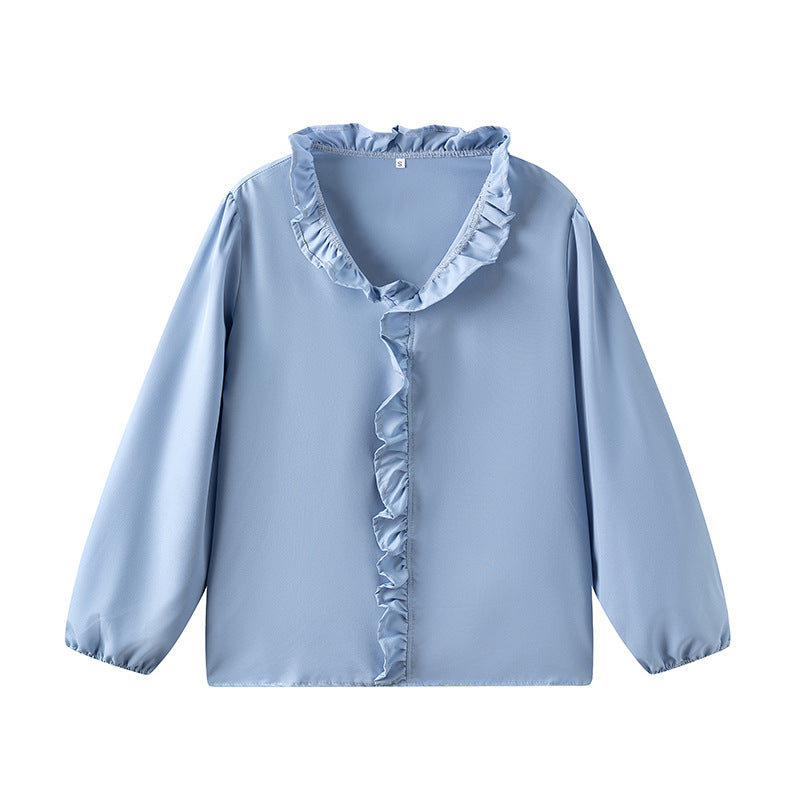 Women's blouse with ruffle details and elegant stand-up collar NOVAE