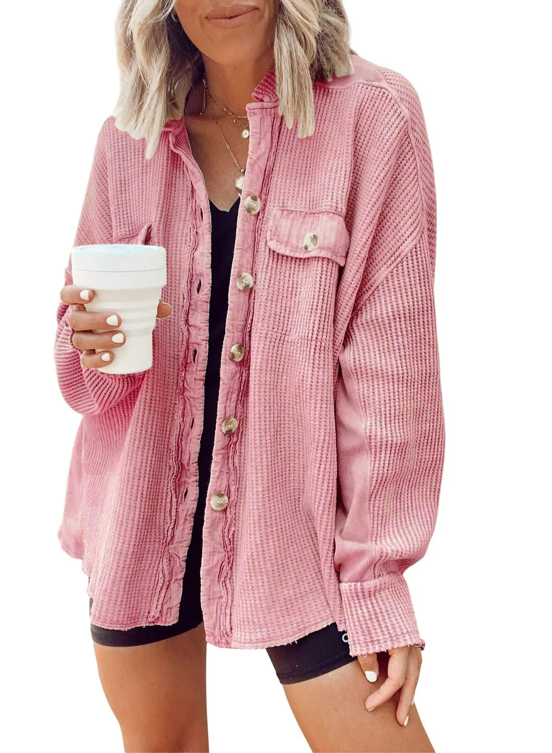 Women's Oversized Waffle Textured Shirt Jacket NOVAE