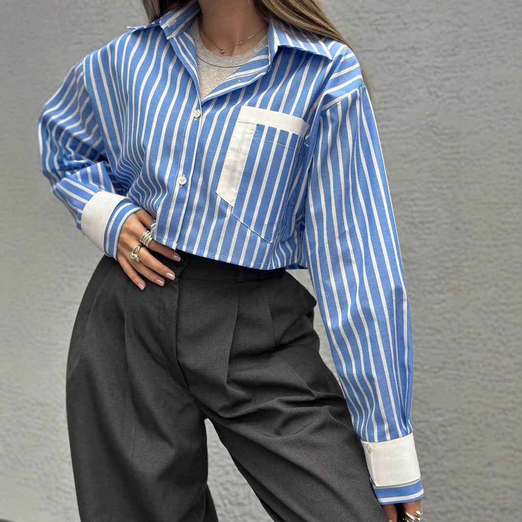Women's cropped shirt blouse with fine stripes and contrasting chest pocket NOVAE