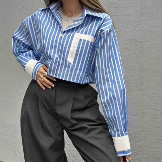 Women's cropped shirt blouse with fine stripes and contrasting chest pocket NOVAE