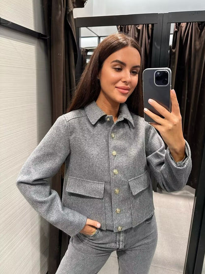 Women's fashionable short jacket with practical pockets and gold buttons NOVAE