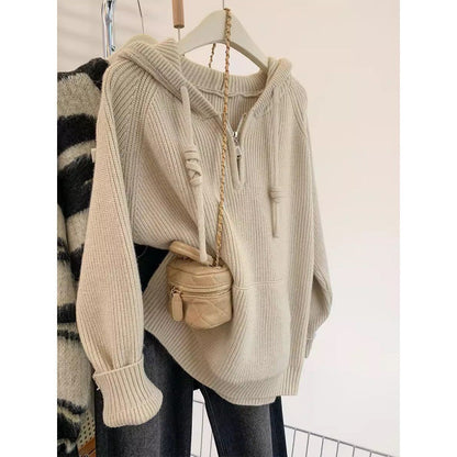 Women's Oversized Knit Sweater with Hood and Practical Zippered Pockets NOVAE